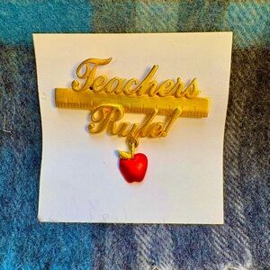 Teacher Appreciation Gift Pin Golden Ruler with TEACHERS RULE & Red Apple